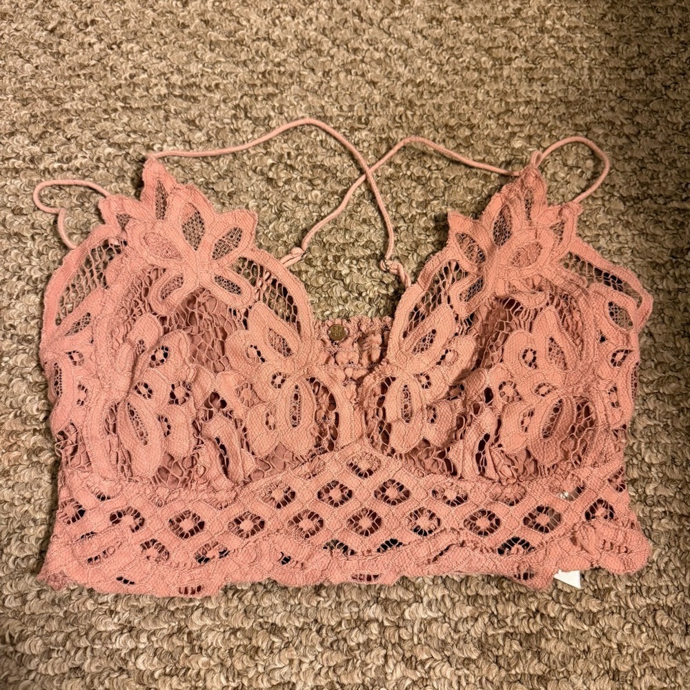 Free People One Adella Bralette Lace Criss Cross Smocked Bralette Sz M Festival - Picture 3 of 7